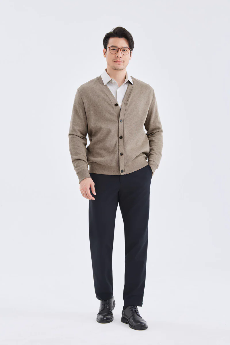 Merino-Blend French Rib Cardigan | Khaki E7W025 Merino-Blend French Rib Cardigan | Khaki E7W025