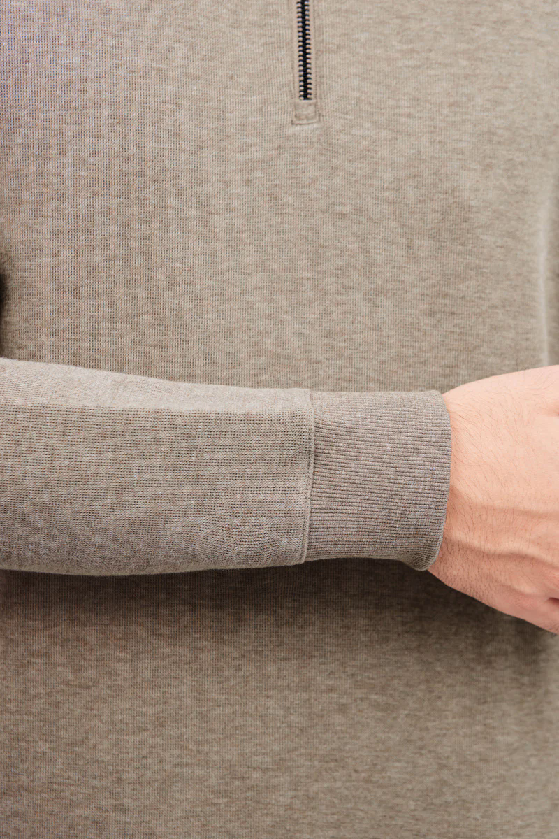 Merino-Blend Half Zip French Rib Sweater | Khaki E7W025 Merino-Blend Half Zip French Rib Sweater | Khaki E7W025