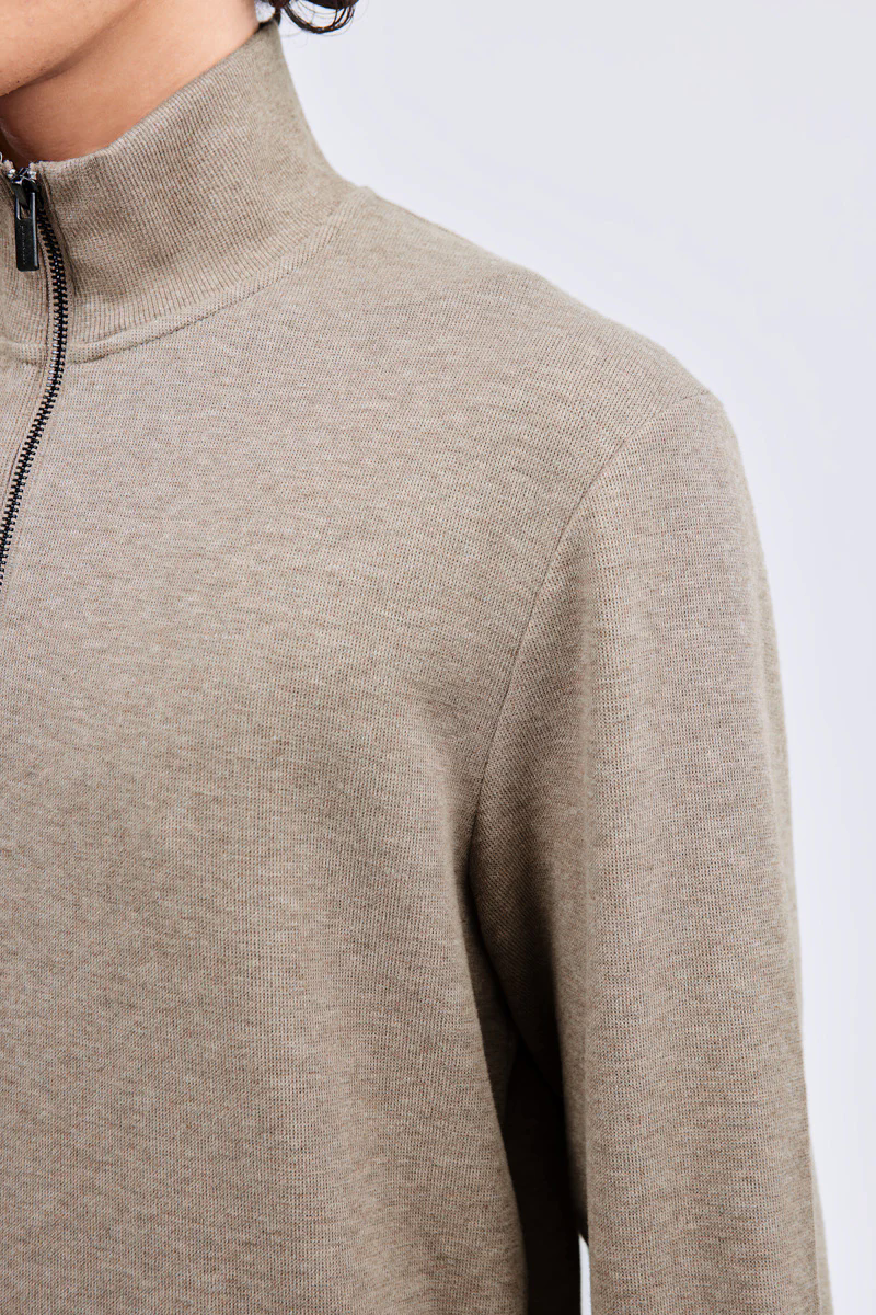 Merino-Blend Half Zip French Rib Sweater | Khaki E7W025 Merino-Blend Half Zip French Rib Sweater | Khaki E7W025