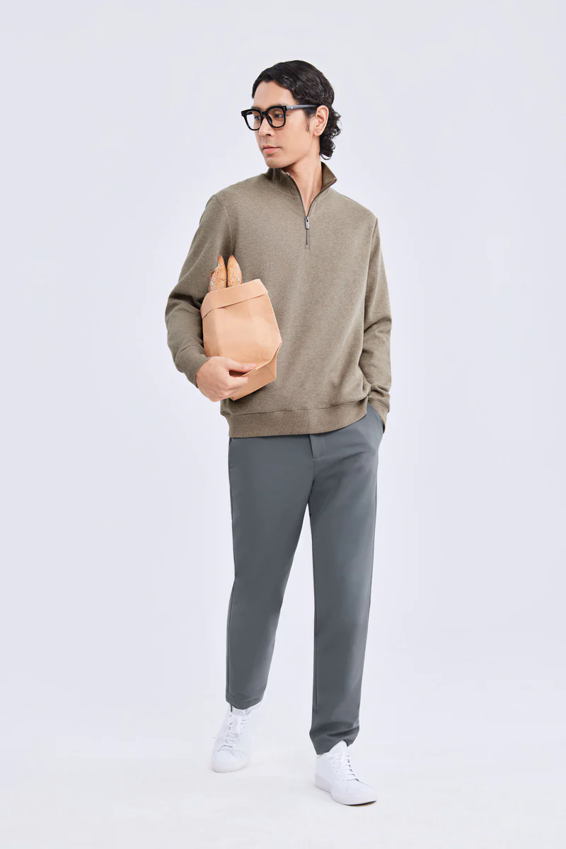 Merino-Blend Half Zip French Rib Sweater | Khaki E7W025 Merino-Blend Half Zip French Rib Sweater | Khaki E7W025