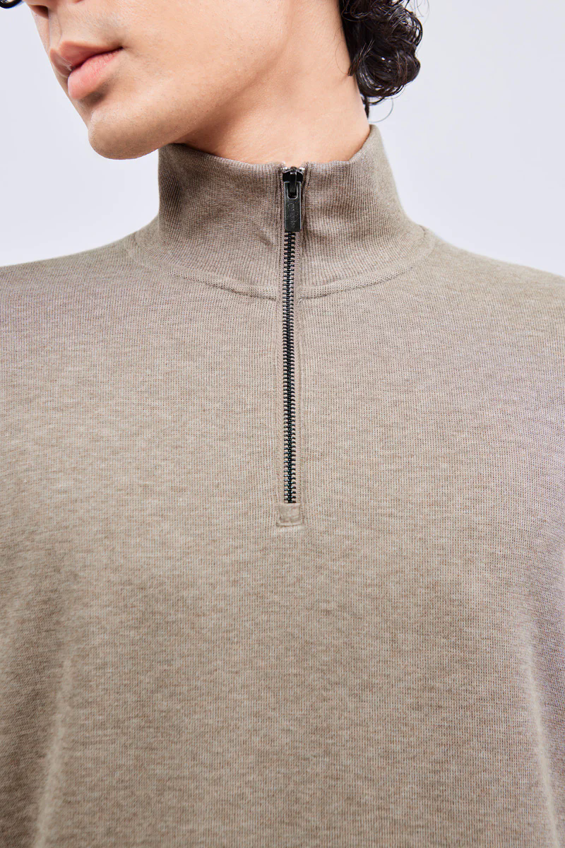 Merino-Blend Half Zip French Rib Sweater | Khaki E7W025 Merino-Blend Half Zip French Rib Sweater | Khaki E7W025