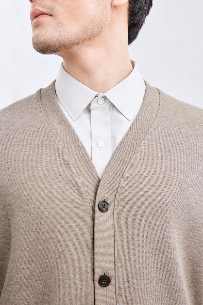 Merino-Blend French Rib Cardigan | Khaki E7W025 Merino-Blend French Rib Cardigan | Khaki E7W025