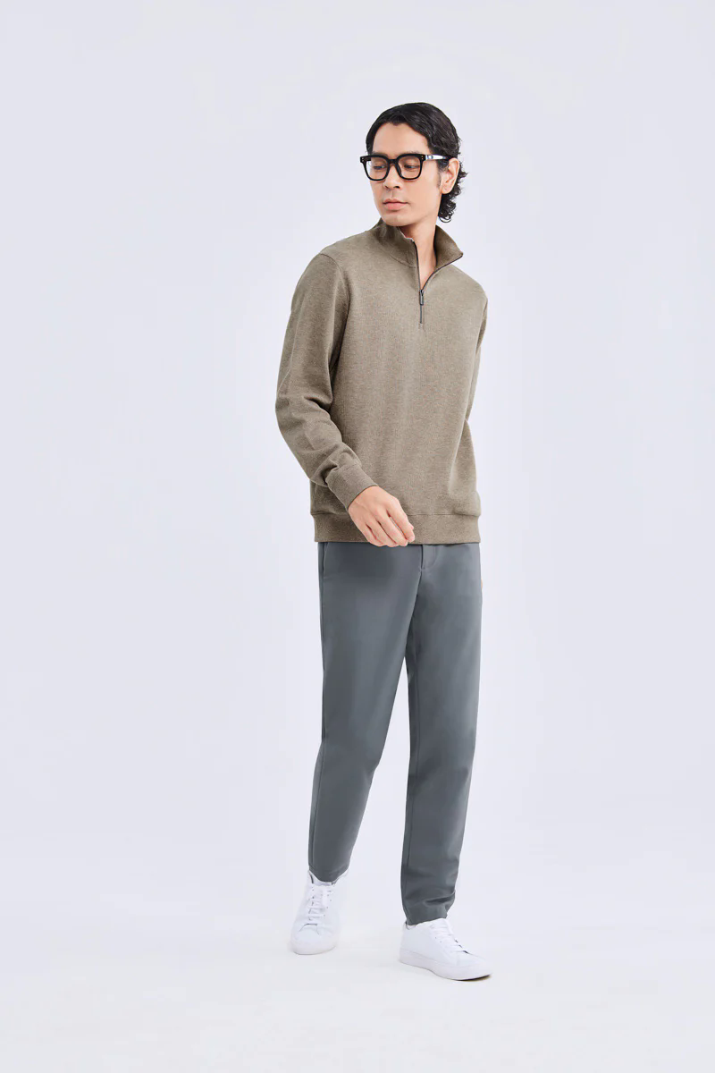 Merino-Blend Half Zip French Rib Sweater | Khaki E7W025 Merino-Blend Half Zip French Rib Sweater | Khaki E7W025